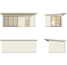 Abri de jardin en bois avec porte coulissante et toit monopente, vues différentes