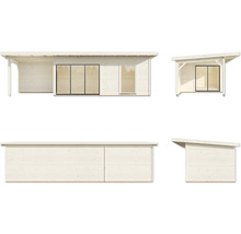 Mehransicht eines Gartenhauses aus Holz mit Schiebetür