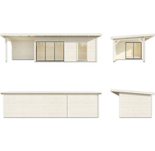 Mehrere Ansichten eines Gartenhauses aus Holz mit Schiebetür