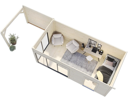 Vue de dessus d''une maison de jardin en bois avec coin salon, espace de travail et coin nuit