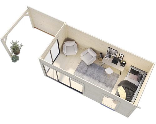 Innenansicht eines Gartenhauses mit Wohnbereich, Arbeitsbereich und Terrasse