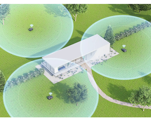 Draufsicht eines Gartens mit einem modernen Haus und mehreren Mährobotern, die durch virtuelle Zonen abgegrenzt sind