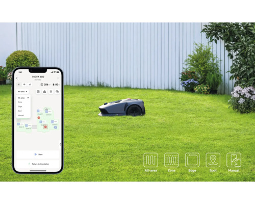 Rasenroboter auf Rasen mit Smartphone-App zur Steuerung