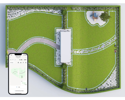 Draufsicht eines Gartens mit Rasenmähroboter und Smartphone-App zur Steuerung des Mähbereichs