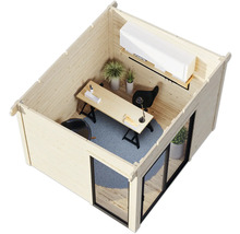 Vue d''un abri de jardin avec mobilier de bureau comprenant un bureau, une chaise et des plantes