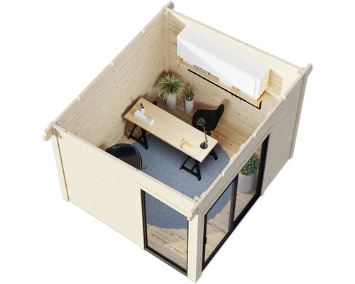 Ansicht eines Gartenhauses mit Büroeinrichtung inklusive Schreibtisch, Stuhl und Pflanzen