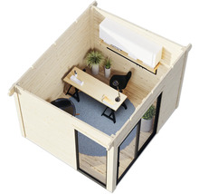 Bureau en bois avec bureau, chaises, climatisation et plantes
