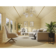 Intérieur d''une maison en bois avec meubles et décorations, incluant canapé, fauteuil et plantes