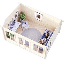 Maison de jardin en bois avec mobilier de bureau et canapé