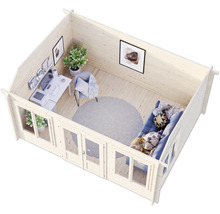 Innenansicht eines Gartenhauses mit Schreibtisch, Stuhl und Sofa