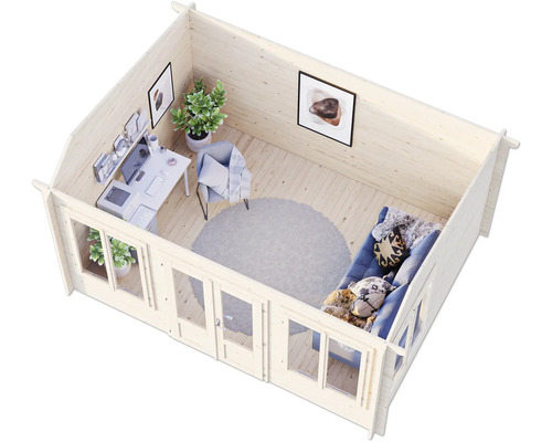 Vue intérieure d''une cabane de jardin avec bureau, chaise et canapé