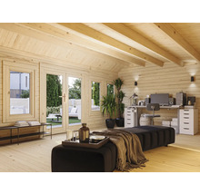 Intérieur de maison en bois avec fenêtres, porte, mobilier et espace de travail