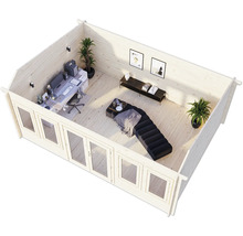 Vue intérieure d''un abri de jardin avec mobilier de bureau et coin détente