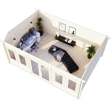 Vue intérieure d''une cabane de jardin avec espace de travail et coin salon