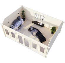 Vue intérieure d''une maison de jardin avec un espace bureau et un coin détente