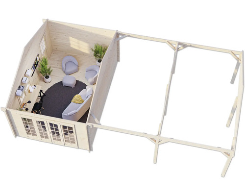 Illustration eines Gartenhauses mit Bürobereich und überdachter Terrasse
