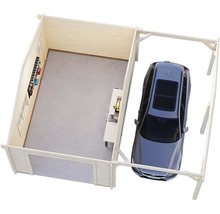 Aufbaubild einer Holzgarage mit Werkbank und Auto