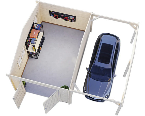 Vue intérieure d''un garage en bois avec voiture, établi et panneau à outils