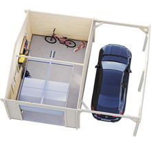 Draufsicht einer Garage aus Holz mit Auto, Fahrrad und Werkzeugen