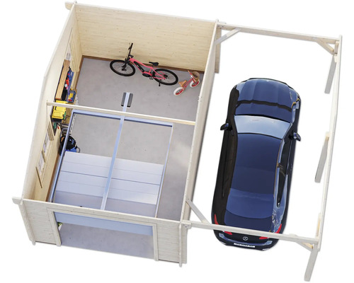 Vue de dessus d''un garage en bois avec voiture, vélo et outils