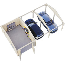 Illustration einer Holzgarage mit Werkstatt und zwei Stellplätzen für Autos