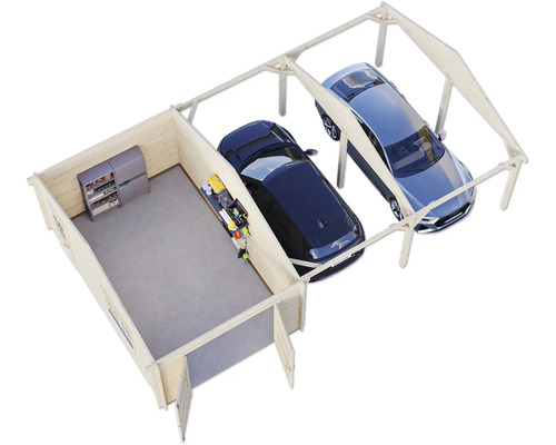 Illustration d''un garage en bois avec atelier et deux places de parking pour voitures