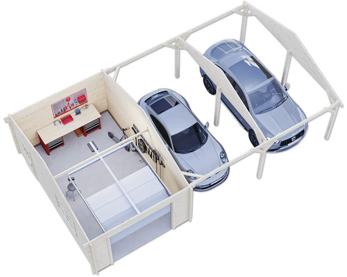 Vue de dessus d''un garage en bois avec atelier et deux places de parking