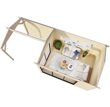 Structure de toit et intérieur d''une cabane de jardin avec canapés et tables