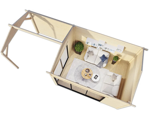 Dachkonstruktion und Inneneinrichtung eines Gartenhauses mit Sofas und Tischen