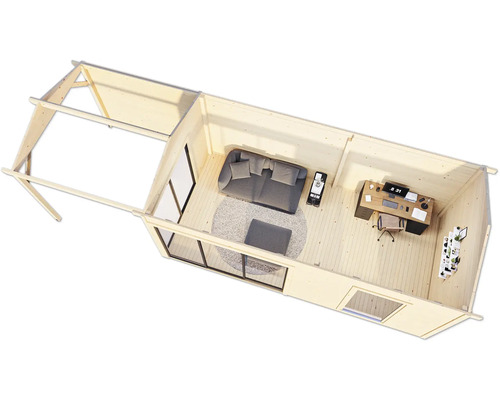 Innenansicht eines Holzhauses mit Wohnbereich und Arbeitszimmer