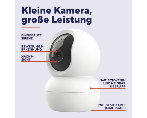 Caméra de surveillance blanche avec sirène intégrée, détection de mouvement, vision nocturne, pivotement et inclinaison à 360 degrés via l''application, carte Micro SD jusqu''à 256 Go maximum