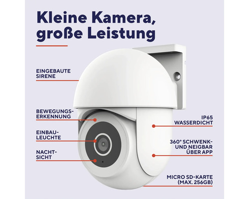 Weiße Überwachungskamera mit Bewegungserkennung, Nachtsicht, eingebauter Sirene und IP65-Wasserdichtigkeit