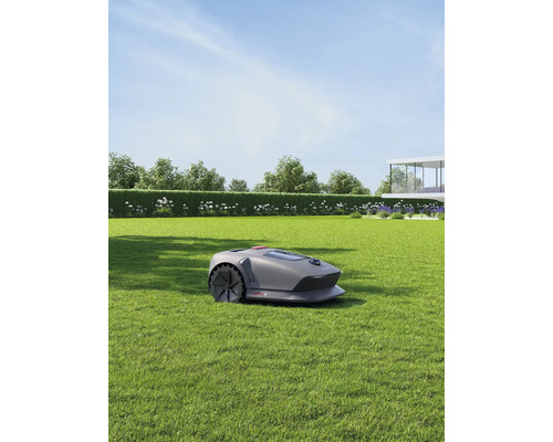 Mähroboter auf Rasenfläche vor Haus