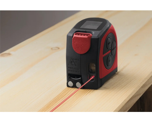 Mètre ruban déroulant JC Schwarz 5 m avec télémètre laser 40 m avec accessoires Télémètre laser sur une planche de bois