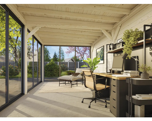 Bureau lumineux avec bureau, chaise de bureau et vue sur la verdure