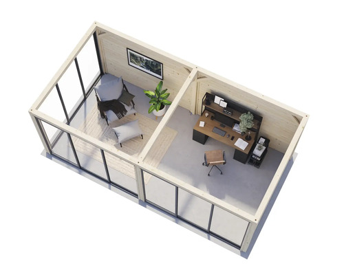 Intérieur d''un chalet de jardin moderne avec bureau et coin salon