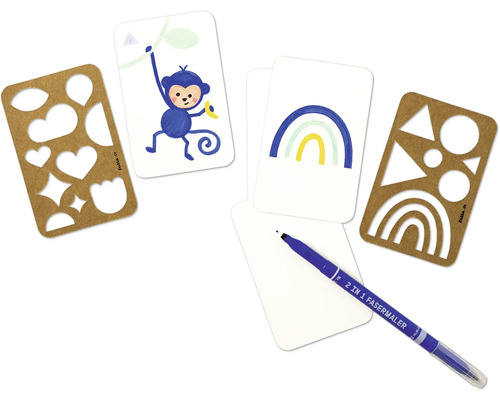 Bastelset mit Stiften, Schablonen und Motiven auf Papier für kreative Projekte.