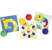 Kit de peinture avec des motifs d''animaux à colorier, dont une girafe, un lion et un caméléon, avec des pots de peinture