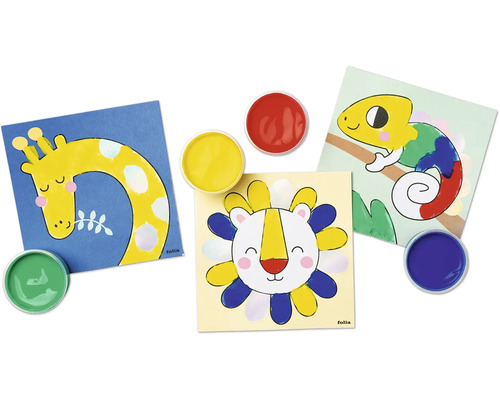 Farbset mit Motiven zum Ausmalen von Tieren, darunter Giraffe, Löwe und Chamäleon, mit Farbtöpfen