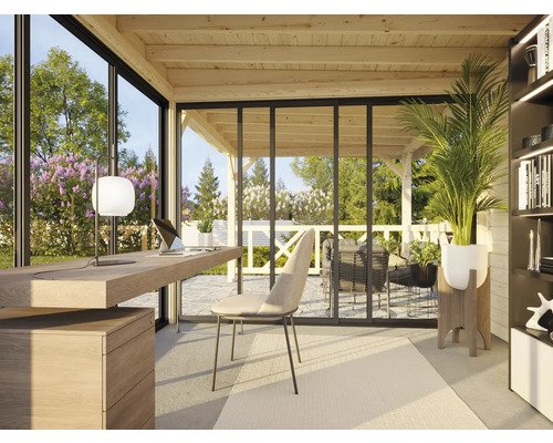 Bureau lumineux avec bureau, chaise et vue sur la verdure