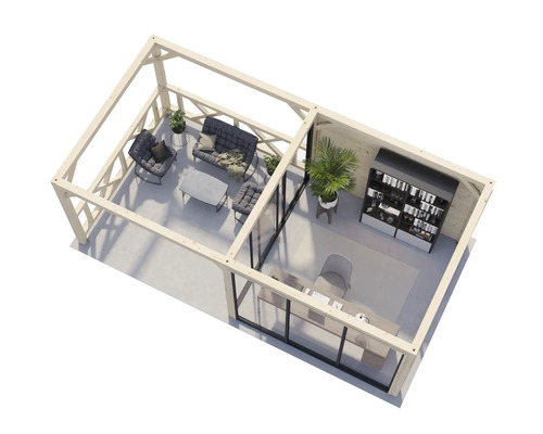 Pavillon de jardin lumineux avec terrasse, sièges et mobilier de bureau