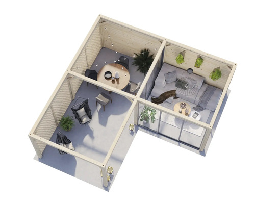 Pavillon en forme de L avec coin salon, table à manger et paniers suspendus