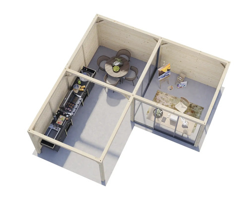 Vue intérieure d''un pavillon de jardin avec cuisine, coin repas et bureau.