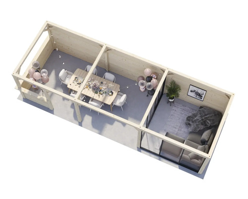 Vue intérieure d''une maison de jardin en bois avec coin repas et coin salon