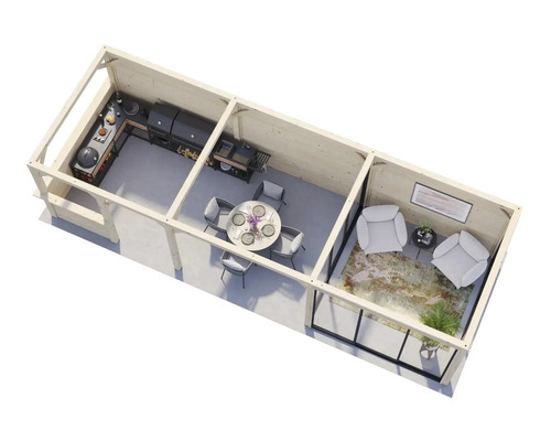 Vue de dessus d''un pavillon de jardin en bois avec cuisine, coin repas et coin salon