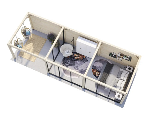 Maison en bois avec salon, chambre et terrasse