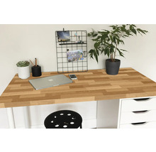 Arbeitsplatz mit Tischplatte in Holzoptik, Laptop, Pflanze und Büromaterialien