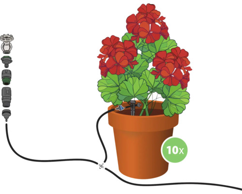 Blumentopf mit roter Geranie und Bewässerungssystem