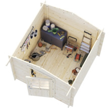 Abri de jardin en bois avec outils, peintures et matériel de jardinage