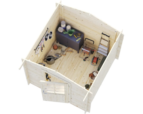 Abri de jardin en bois avec outils, peintures et matériel de jardinage